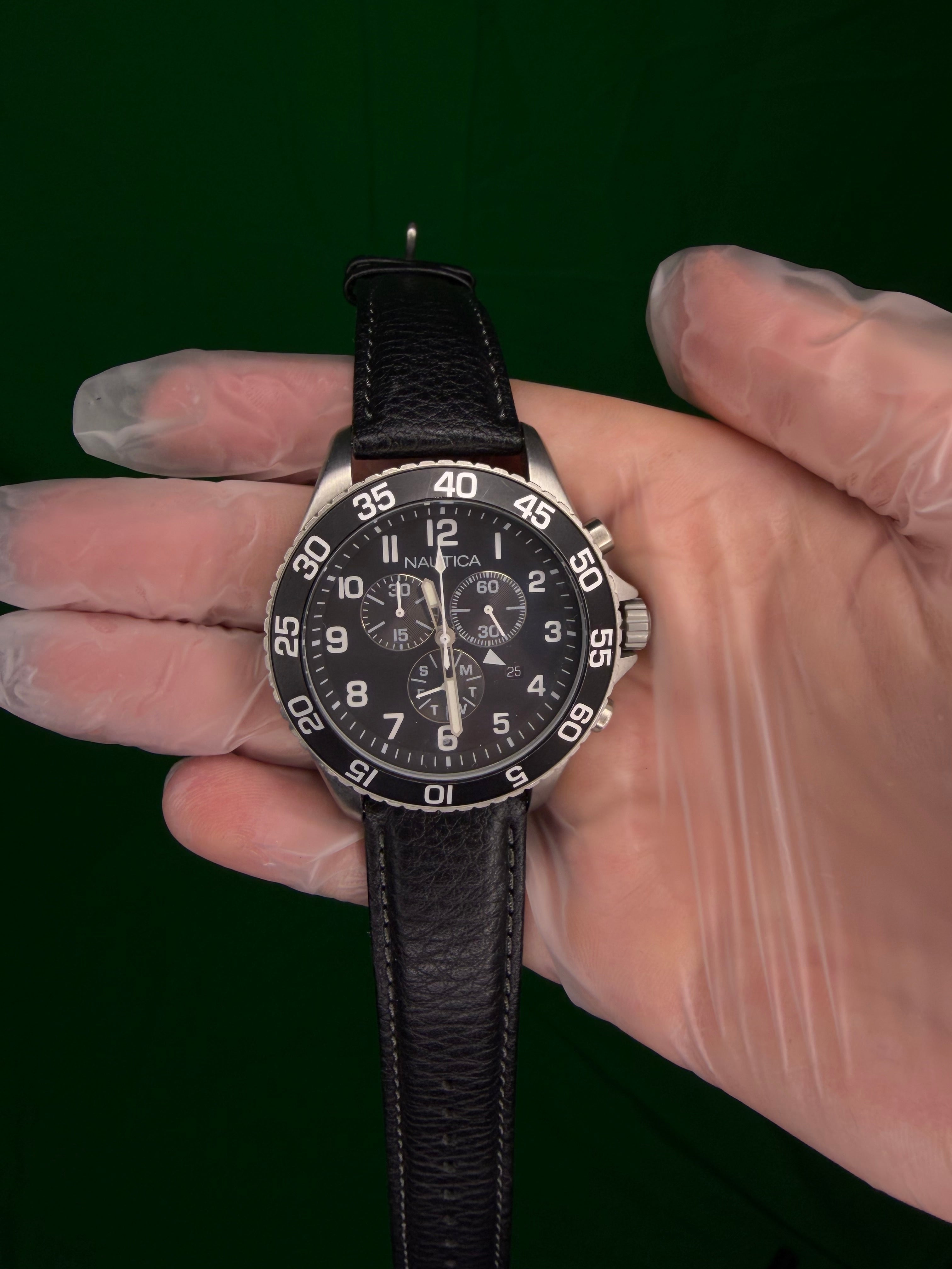 Nautica Black Leather Strap Chronograph